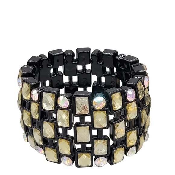 Black Lucite Bangle Stretch Bracelet With Faceted Gold Beads Rhinestones 1.5" W - Picture 3 of 7